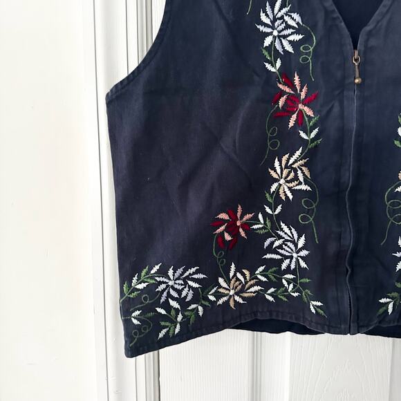 For Her Van Heusen Navy Blue Floral Embroidered Zip Cotton Cottage Vest Medium - Picture 3 of 7